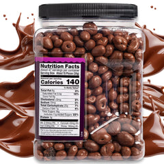 Close-up of Wellsley Farms creamy milk chocolate coating on chocolate-covered raisins.