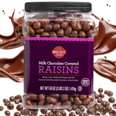 Wellsley Farms milk chocolate covered raisins in a 3lb2oz container for easy sharing.