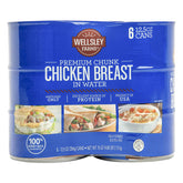Wellsley Farms premium chunk chicken breast in water can ready-to-use salads.