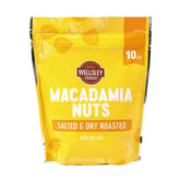 Wellsley Farms salted macadamia nuts front view in resealable bag for on-the-go snacking
