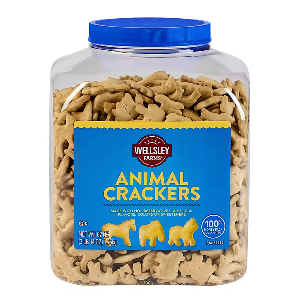 Wellsley Farms Animal Crackers 62oz tub close-up of crackers, kid-friendly snack option.