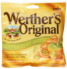 Werther's Original caramel apple filled candies close-up of candy shell for Halloween snacks.