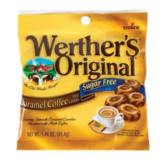 Werther's Original Coffee Caramel sugar-free candies bag front shows premium flavor without sugar.