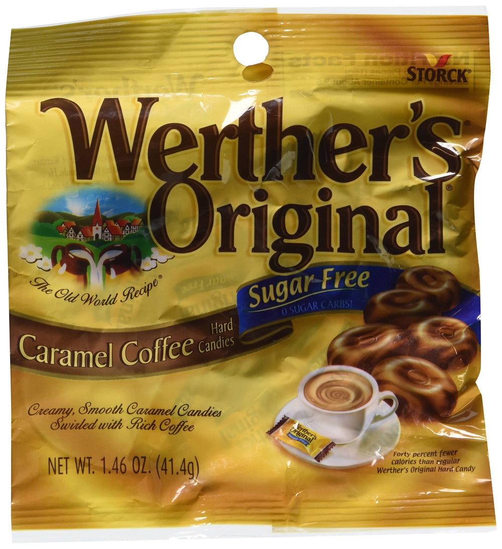 Werther's Original sugar-free caramel coffee hard candies, 3-pack, satisfy caramel and coffee notes.