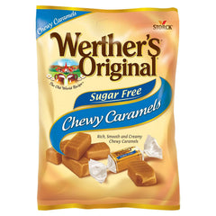 Werther's Original sugar-free caramels close-up highlighting soft, melt-in-your-mouth texture.