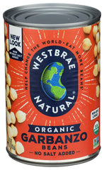 Westbrae Natural garbanzo beans can front, showcasing organic quality for quick meals