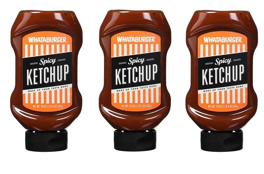 Whataburger spicy ketchup bottle front view, ready for burgers and fries.