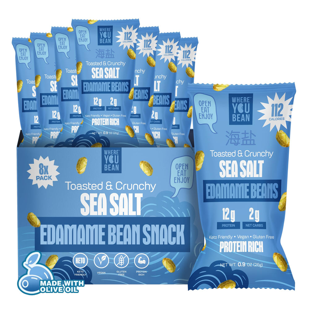 Where You Bean Edamame Sea Salt bag shows crunchy protein-rich snack