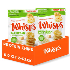 Whisps Parmesan Cheese Crisps bag on display, a high-protein keto snack choice.