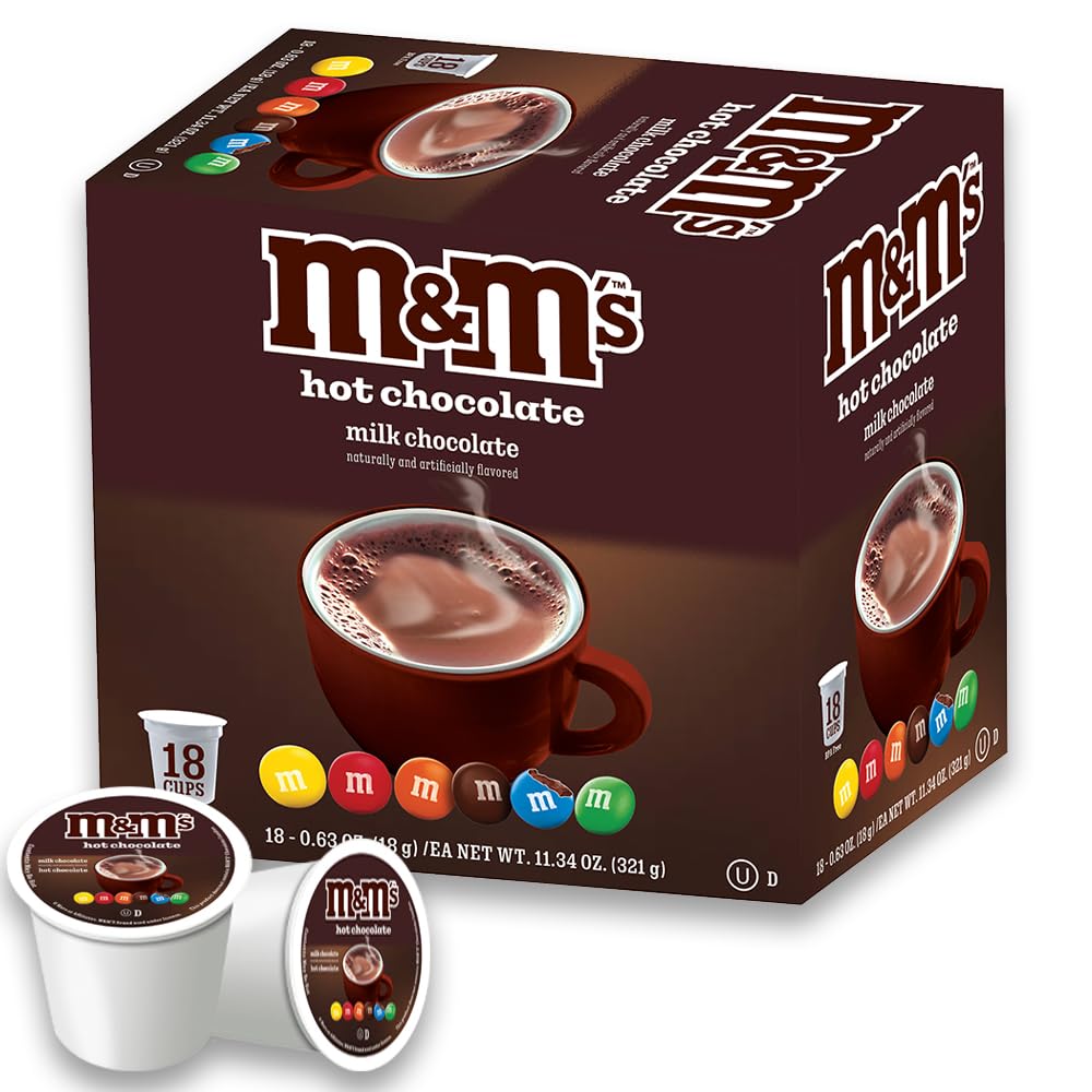 White Coffee M&M Hot Cocoa Pods pack front, BPA-free convenience for quick cozy cocoa moments.