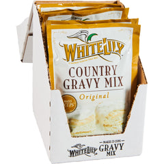 White Lily Original Country Gravy Mix box on a kitchen counter ready to use