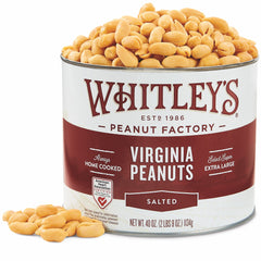Whitley's Salted Virginia Peanuts in a 40 oz tin packaging for premium snacking