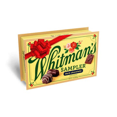 Whitman's Holiday Sampler package shows 22-piece dark chocolate assortment for celebrations.
