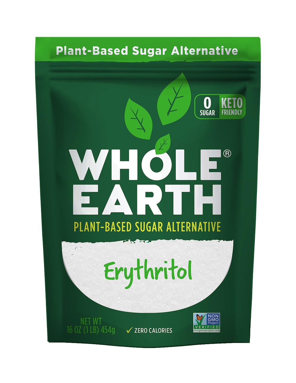 Whole Earth erythritol pouch front shows keto-friendly, zero calorie sweetener.