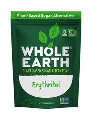 Whole Earth erythritol pouch front shows keto-friendly, zero calorie sweetener.