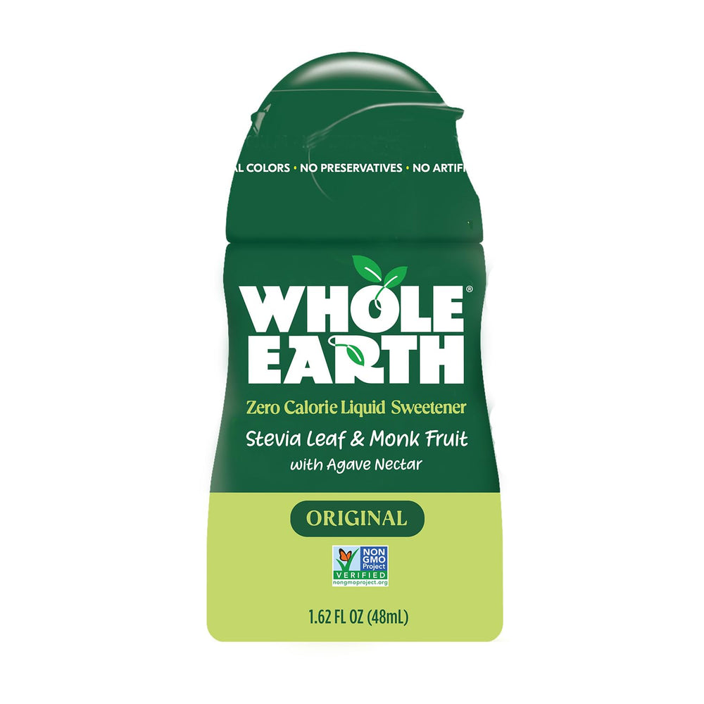 Whole Earth Original bottle beside coffee, offering naturally sugar-free sweetness for your morning cup.