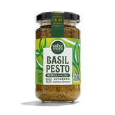 Whole Foods Market Basil Pesto jar close-up, ideal for pasta.