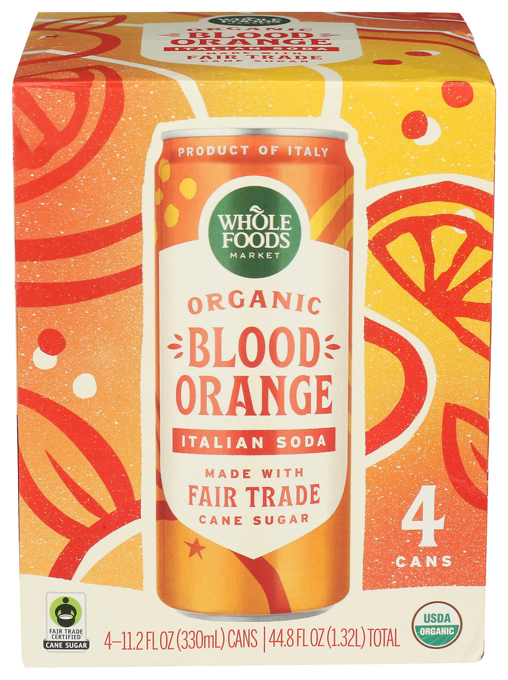 Whole Foods Market Blood Orange Italian Soda four-pack, crisp refreshment for gatherings.