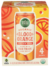 Whole Foods Market Blood Orange Italian Soda four-pack, crisp refreshment for gatherings.