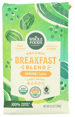 Whole Foods Market Breakfast Blend ground coffee bag for easy morning brew.