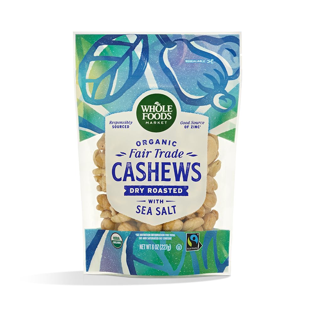 Whole Foods Market cashews dry roasted with sea salt offer a crunchy, crave-worthy snack.