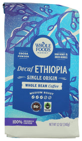 Whole Foods Market decaf Ethiopia coffee package front for fresh-ground beans