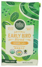 Whole Foods Market Early Bird Blend cocoa notes in a coffee cup to start the day
