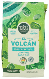 Whole Foods Market El Volcan light roast bag front label shows freshness.