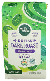Whole Foods Market Extra Dark Roast Coffee bag showing bold aroma for rich mornings.