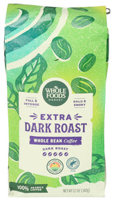 Whole Foods Market Extra Dark Roast coffee bag with bold aroma and rich profile.