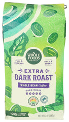 Whole Foods Market Extra Dark Roast coffee bag with bold aroma and rich profile.