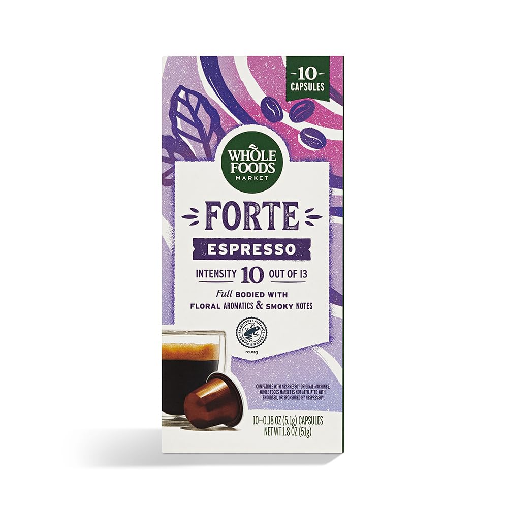 Whole Foods Market Forte espresso pod packaging highlighting floral aromatics and sustainability