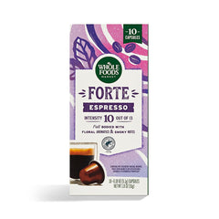 Whole Foods Market Forte espresso pod packaging highlighting floral aromatics and sustainability