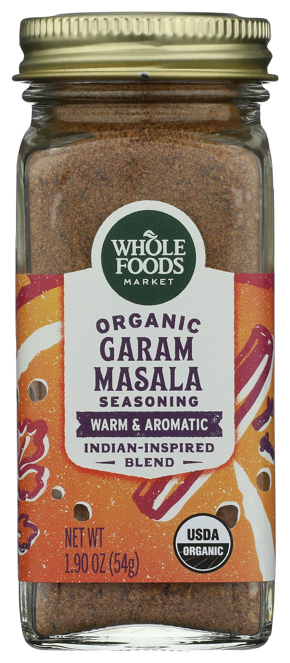 Whole Foods Market garam masala spice blend jar for aromatic curry flavor.