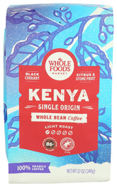 Whole Foods Market Kenya single origin coffee bag captured for peak aroma and freshness.