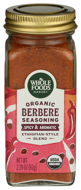 Whole Foods Market Organic Berbere seasoning jar enhances rich, aromatic meals.