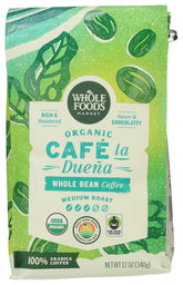 Whole Foods Market Organic Café La Duena coffee bag with rich medium roast beans for a balanced cup.