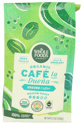 Whole Foods Market Café La Duena Organic Ground Coffee bag showing rich chocolate notes for daily brewing