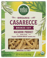 Whole Foods Market Organic Casarecce packshot highlighting bronze-cut pasta for rich sauces.