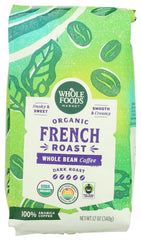 Whole Foods Market Organic Dark French Roast coffee beans in a bag for bold morning flavor