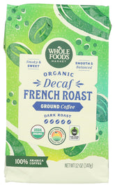 Whole Foods Market Organic Decaf Ground Coffee bag with dark French roast for convenient home brewing.