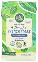 Whole Foods Market Organic Decaf Ground Coffee bag with dark French roast for convenient home brewing.