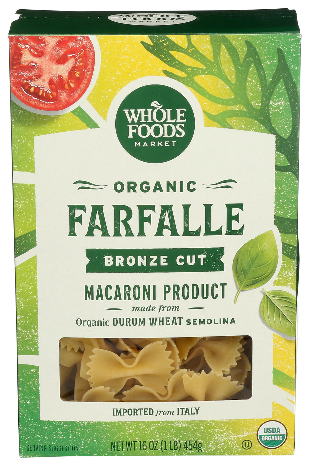 Whole Foods Market organic farfalle butterfly shape, ideal for tomato sauces.