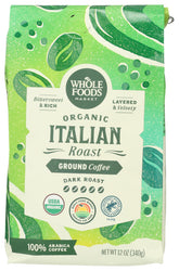 Whole Foods Market Organic Ground Coffee dark Italian roast bag pour for quick morning brew