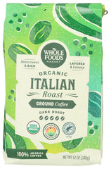 Whole Foods Market Organic Ground Coffee dark Italian roast bag pour for quick morning brew