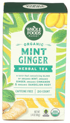 Whole Foods Market organic mint-ginger tea bags ready for a caffeine-free brew