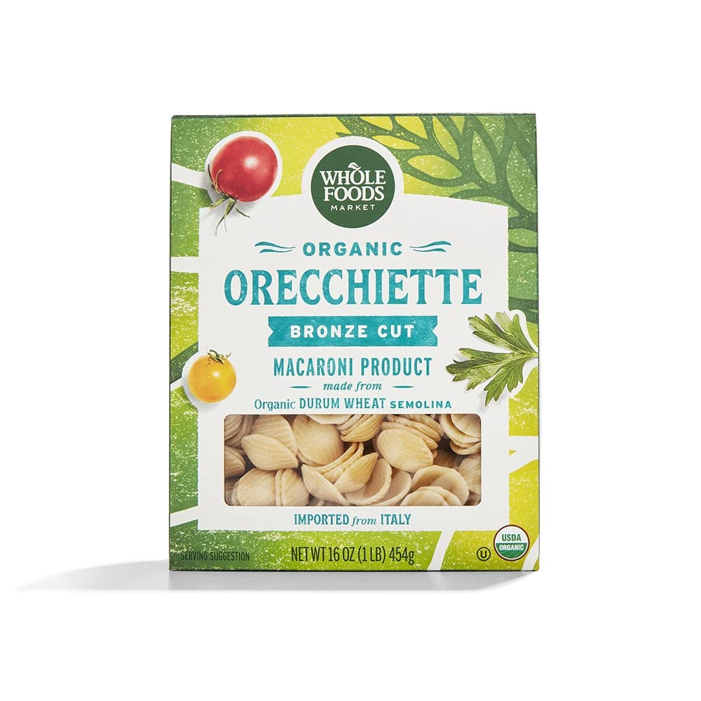 Whole Foods Market Organic Orecchiette Rigate, pack shot showing premium ingredients and convenient size.