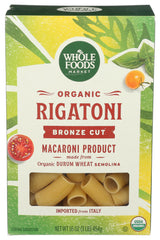 Whole Foods Market Organic Rigatoni packaging shows a 16-ounce bag ready for weeknight meals.