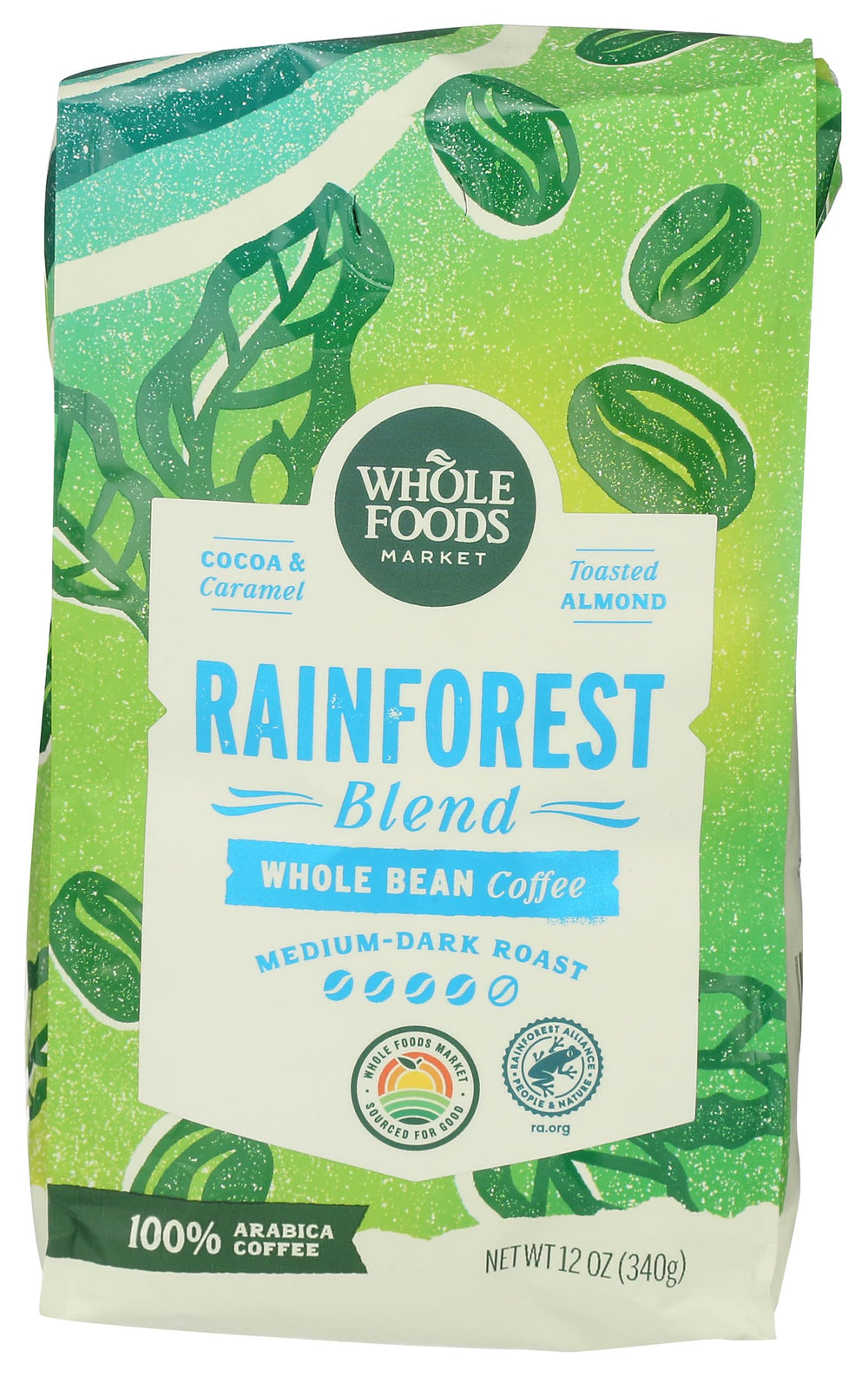 Whole Foods Market Rainforest Blend beans in bag, rich aroma, versatile for fresh grinding.