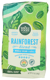 Whole Foods Market Rainforest Blend beans in bag, rich aroma, versatile for fresh grinding.